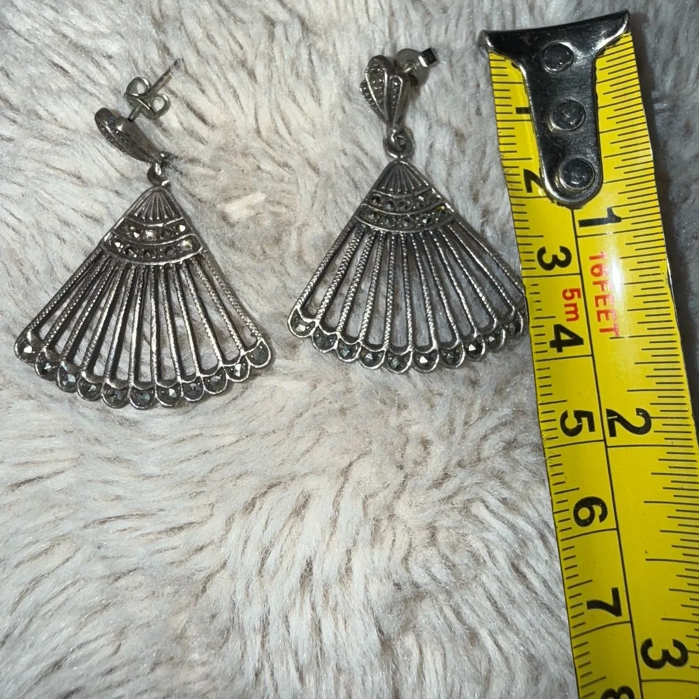 Sterling‎ Silver Marcasite Fan Earrings 925 Dangle Pierced Ears